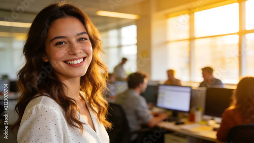 Smiling woman in office with colleagues