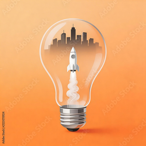 Light bulb with rocket and cityscape