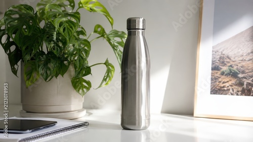 Reusable Stainless Steel Water Bottle Mockup on White Desk Photo