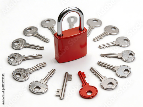 Red padlock with multiple keys