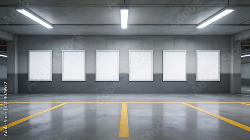 Empty parking garage with white frames