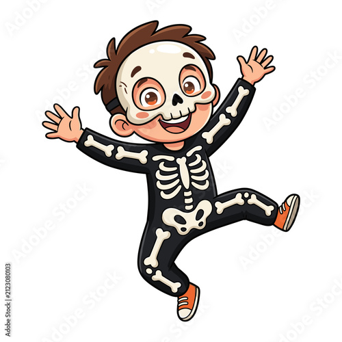Happy child in a fun skeleton costume jumping with joy
