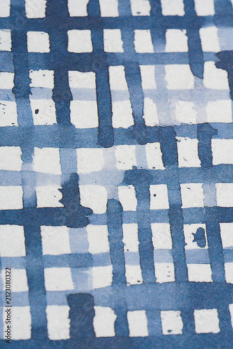 Abstract Blue Hand Painted Plaid Pattern on Light Paper Surface