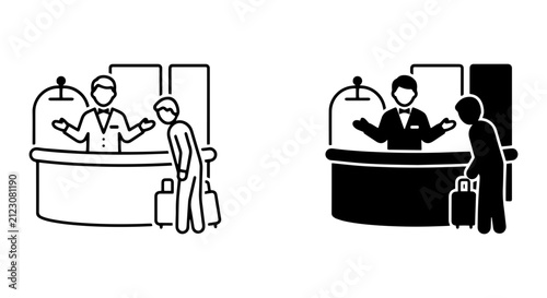 Hotel Receptionist and Guest Icons, Hospitality Service, Travel Check-in, Luggage Assistance