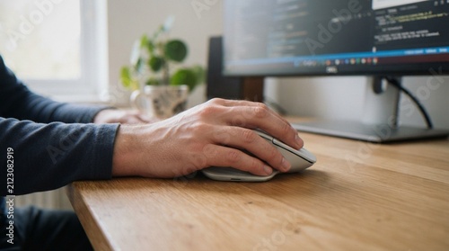 A close-up of a programmer's hand working with a computer mouse at a desk, with code visible on the monitor screen in the background.