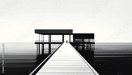 High contrast black and white pier building silhouette.