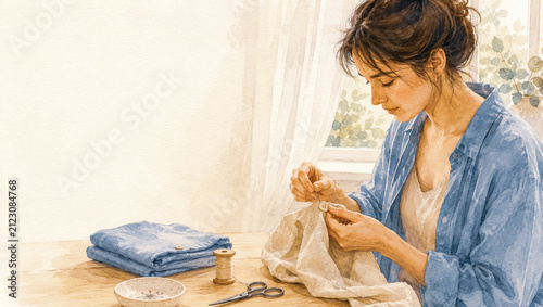 Woman Sewing Button by Hand Watercolor Illustration