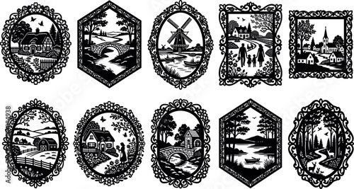 Fotografía Vintage countryside landscape cameo vector set featuring rustic cottage homes, windmills, stone bridges, and decorative filigree floral frames on white background