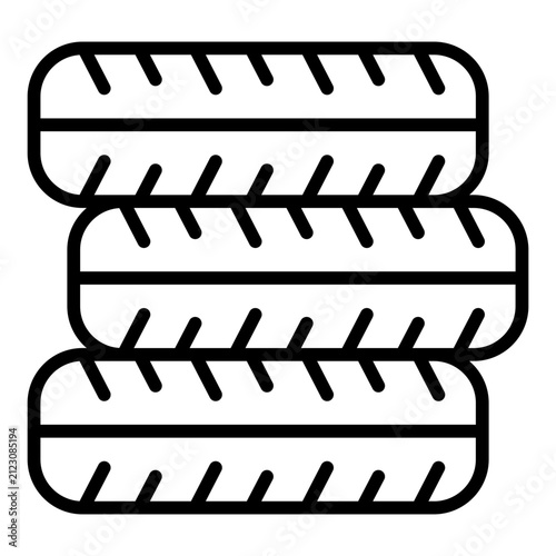 tire stack outline icon. three rubber wheels piled. storage at auto shop. warehouse