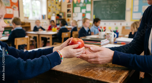 A young student in a school uniform hands a bright red apple to their teacher in a classroom setting, with other children visible in the background.