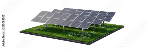 Modern solar panel array installed on green grass field for renewable energy generation and sustainable power solutions in sunny outdoor environment isolated on a transparent background