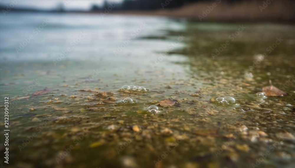 Fototapeta premium Dirty water surface with floating particles and sediment.