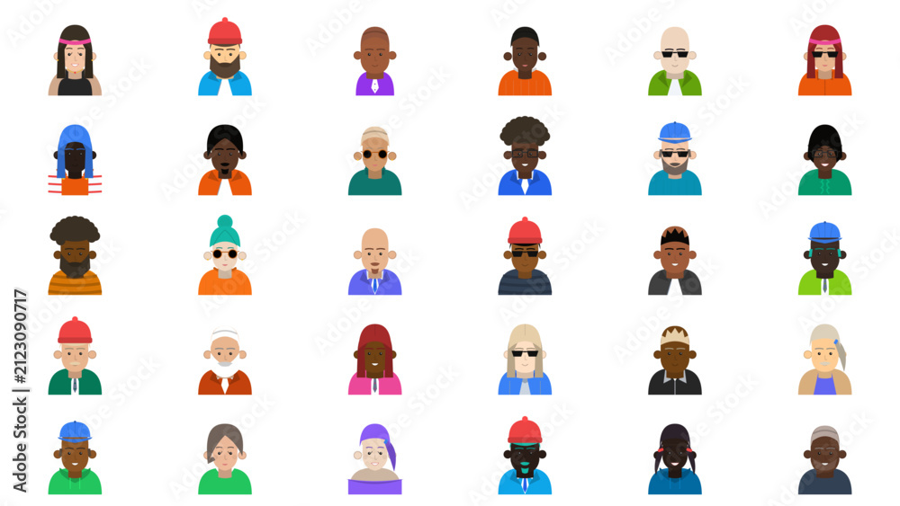Fototapeta premium Diverse collection of flat design avatar icons for profile pictures and user interfaces, featuring various men and women profiles