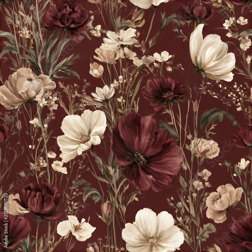 Vintage floral pattern with burgundy and ivory flowers on dark red background creating elegant autumn decor