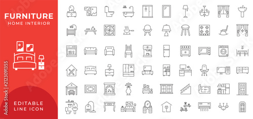 Furniture and home interior elements line icon set. Outline icons of kitchen, living room, bedroom and office collection. Editable stroke