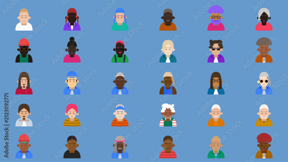 Obraz premium Diverse Avatar studio man and women character collection featuring colorful flat human icons
