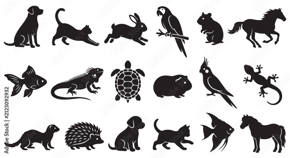 Obraz premium Collection of various domestic animal silhouettes and pet icons with silhouettes goldfish cockatoo