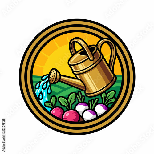Konstfotografi A golden watering can nourishes fresh vegetables in a garden