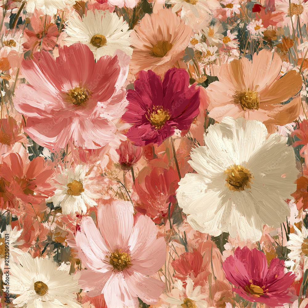 Fototapeta premium Colorful cosmos flower pattern with soft pink, white, and red petals creating vibrant and lively meadow design