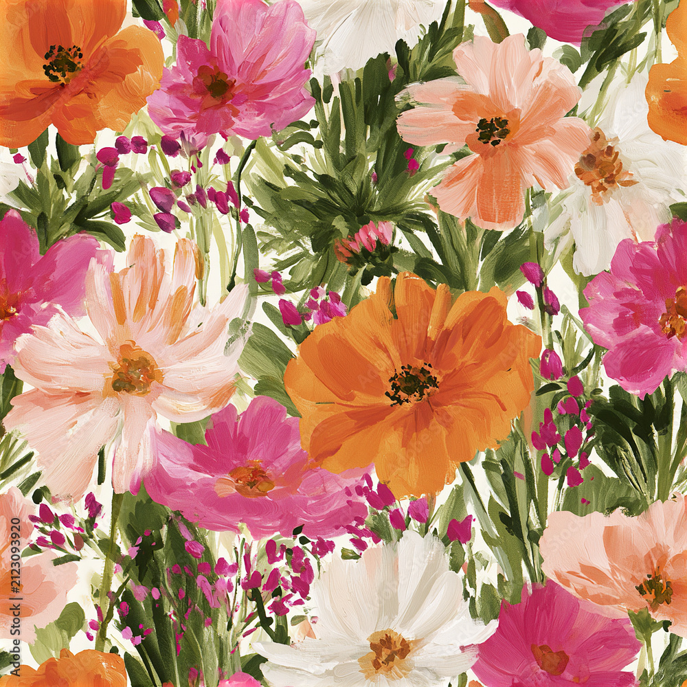 Obraz premium Seamless colorful wildflower pattern with bright orange, pink, and white flowers creating lively and cheerful floral design