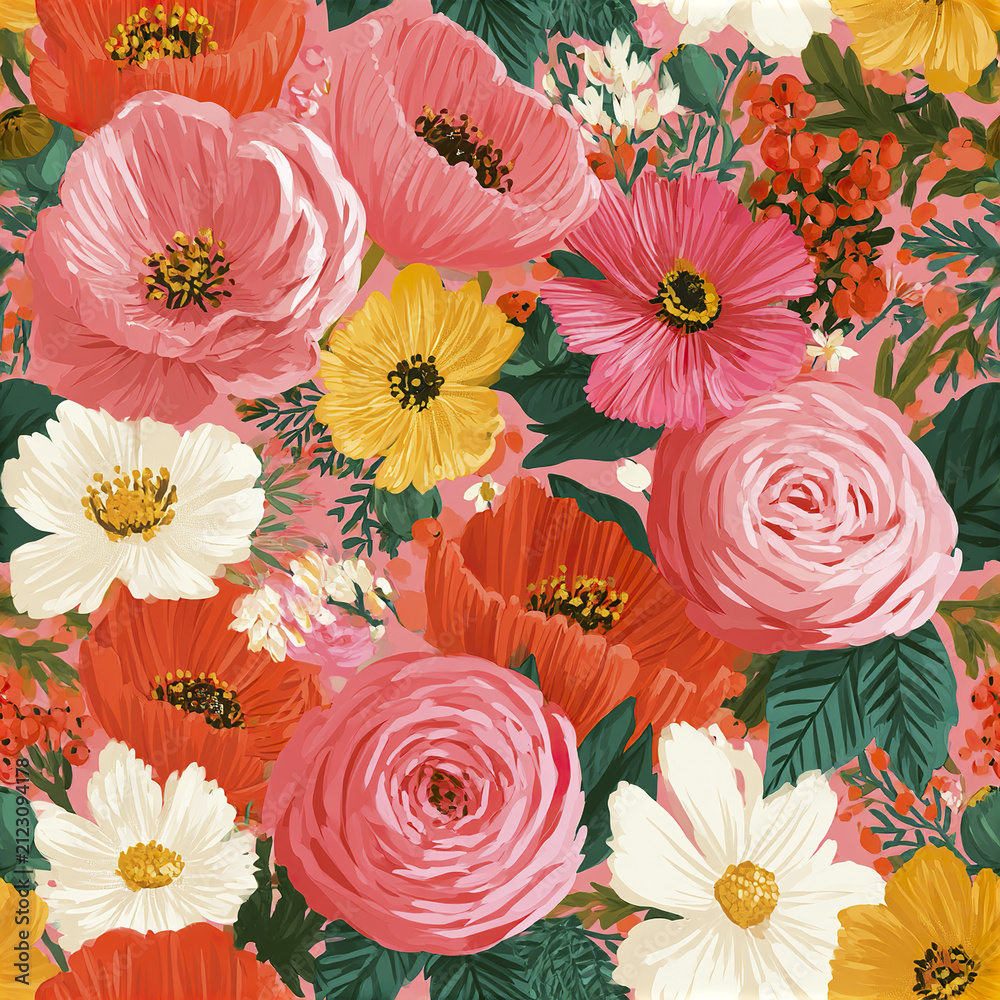 Obraz premium Seamless floral pattern with pink rose, yellow and white flowers, green leaves, and orange blossoms creating vibrant folk art