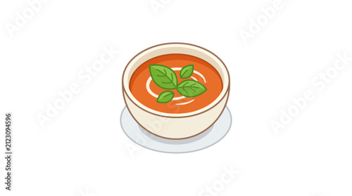 Bowl of tomato soup with basil garnish.