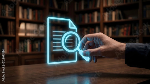 Hand using holographic magnifying glass over document icon representing digital research, analysis, information discovery, and document review
