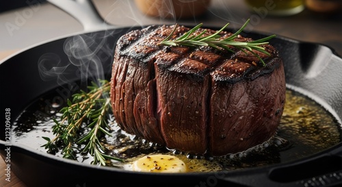 Juicy beef roast with rosemary and butter cooking in a cast iron pan, exuding delicious aromas.