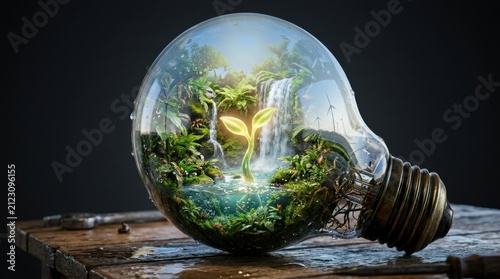 Lush rainforest ecosystem flourishing within a glowing lightbulb, symbolizing new life and innovative environmental concepts.