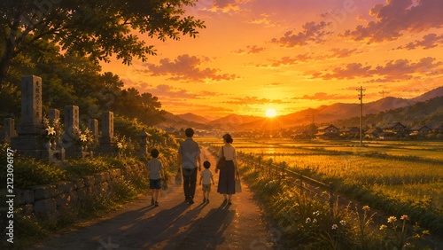 夕焼けの田舎道をお墓参りから帰る家族の後ろ姿と田舎の田園風景