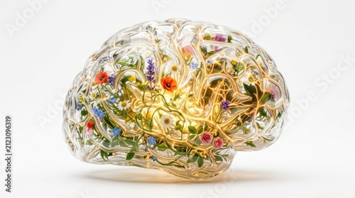 Transparent Glass Brain Filled With Vibrant Wildflowers Showcasing Natural Thought and Mental Growth