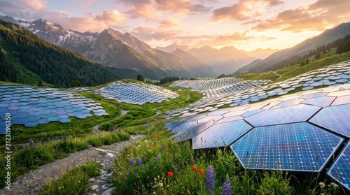 Vast solar energy field in a mountain valley at sunrise with lush greenery and vibrant flowers