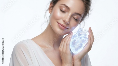 Woman Gently Holding a Glowing Transparent Heart Symbolizing Health and Care
