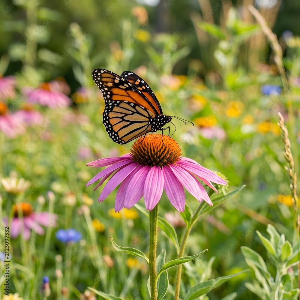 Obraz premium Monarch Butterfly Resting on a Purple Flower in a Summer Garden Macro Nature Close Up