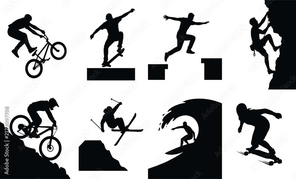 Fototapeta premium Extreme action sports black silhouette vector set featuring surfing biking skateboarding skiing and rock climbing