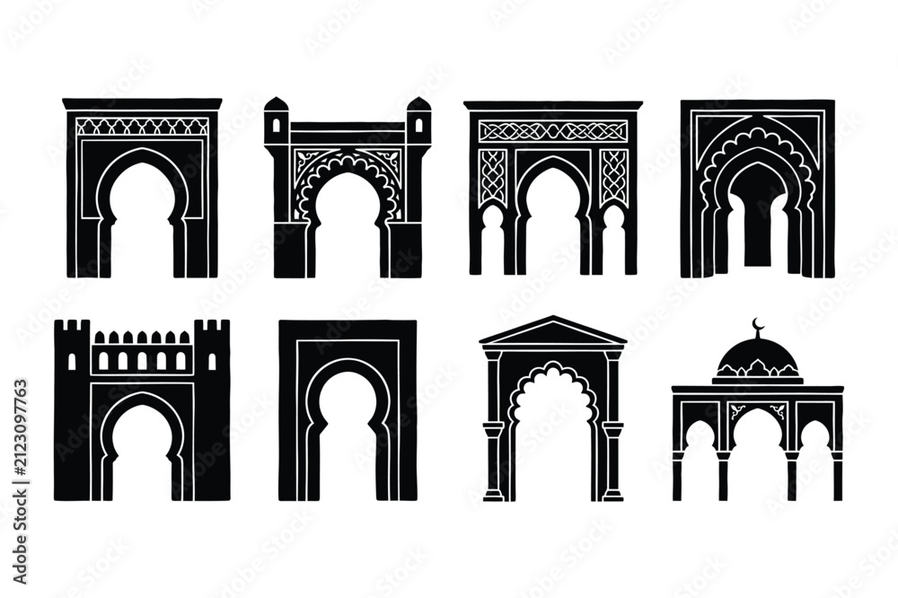 Fototapeta premium Traditional oriental architecture archways and ornate doorway silhouettes