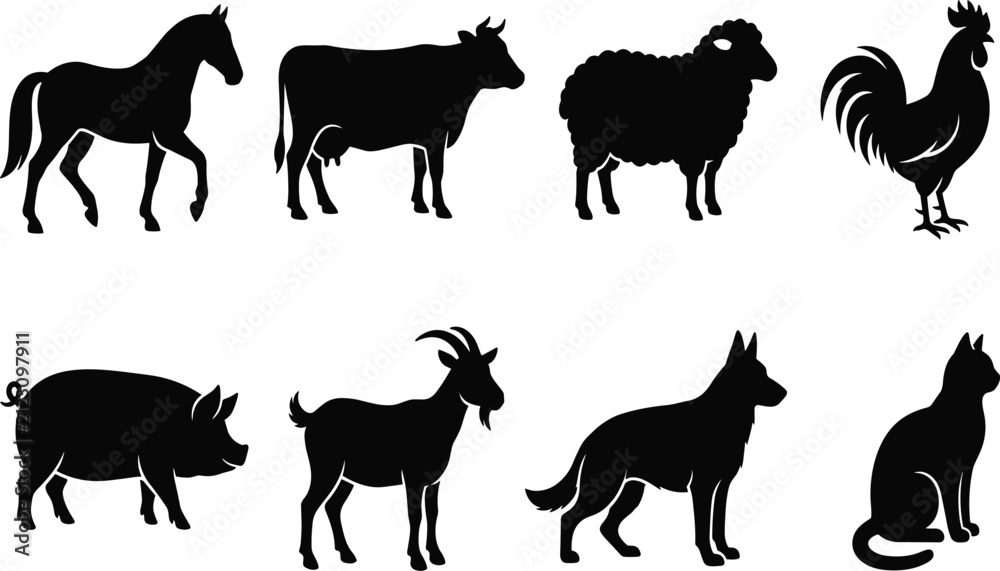 Obraz premium Farm Animals Silhouettes Vector Set Featuring Horse Cow Sheep Rooster Pig Goat Dog and Cat