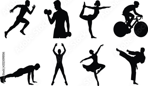 Foto Fitness Sports and Workout Activities Black Vector Silhouette Icons Set Collecti