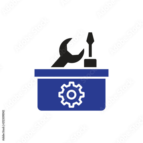 Icon solutions. Technical solution. Toolbox with gears. assistants, optimization, and management. flat design style.