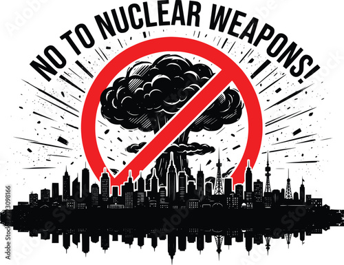 Fotografie Anti-nuclear weapon protest poster, mushroom cloud explosion behind city skyline