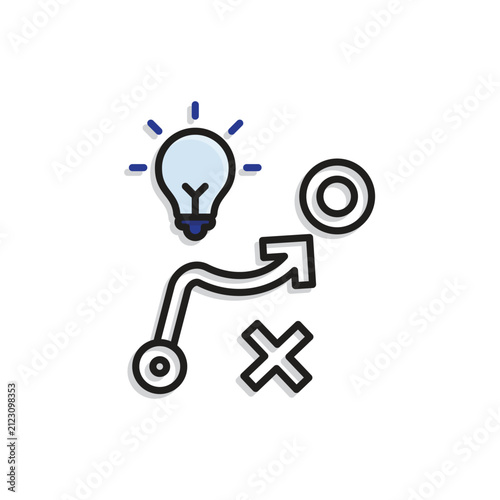 Icon solutions. Solution strategy. Arrow with circle and cross options. assistants, optimization, and management. Mixed design style.