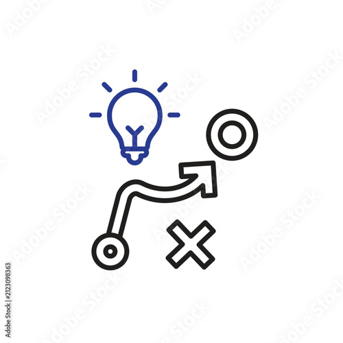 Icon solutions. Solution strategy. Arrow with circle and cross options. assistants, optimization, and management. Outline design style.