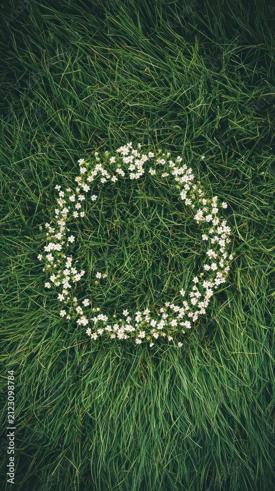 Obraz premium Minimalist mobile wallpaper of white flowers in a circle on lush green grass.