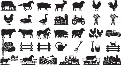 Cuadro en lienzo Farm animal vector set; barnyard silhouettes; agriculture icons; silhouette pict