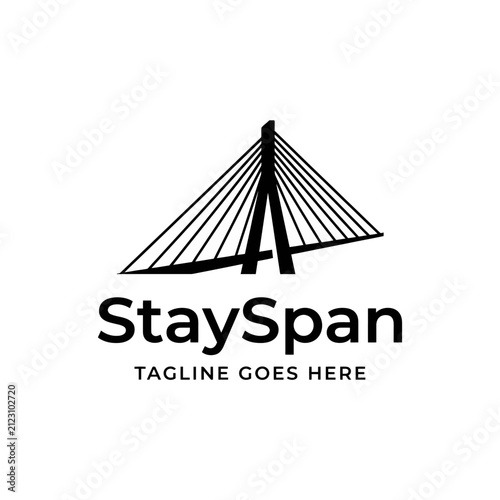 Cable-stayed bridge silhouette architectural logo.