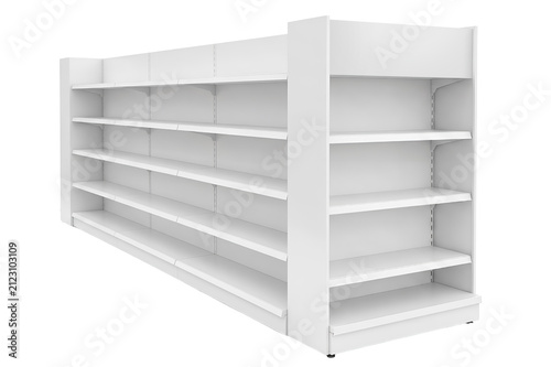 3D Render of Empty Retail Store Aisle Shelving with End Cap Display Mockup