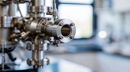 Close-up of a mass spectrometer ionization chamber inside a scientific laboratory, analytical technology concept, with copy space