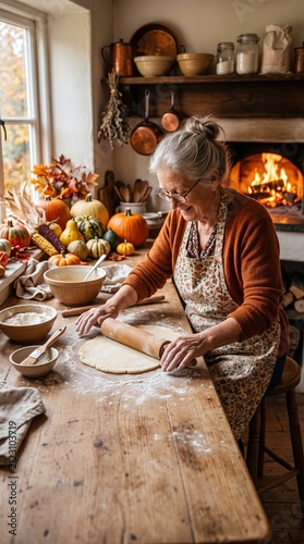Elderly woman rolling out pie dough in a cozy kitchen with a fireplace and autumn decorations