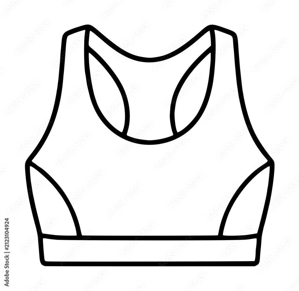 Fototapeta premium Hand-traced vector illustration of a sports bra, minimalist black outline icon depicting athletic apparel with shoulder straps, racerback, and elastic band design
