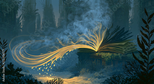 Surreal underwater open book emitting glowing light and smoke in sunken ruins